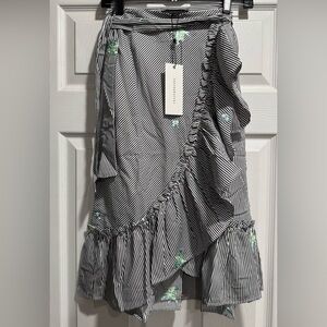 Dance & Marvel Black & White Striped Ruffle Wrap Skirt with Mint Accents